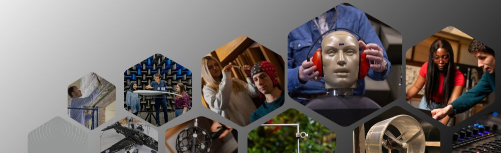 Collection of hexagon-shaped images illustrating sound and acoustics research and practice, including people working in a lab and studio settings, a mannequin head fitted with headphones for audio testing, acoustic panels in a testing chamber, measurement equipment, and technical setups, all arranged on a light grey background.